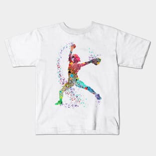 Girl Baseball Softball Pitcher Watercolor Painting Art Print Kids T-Shirt